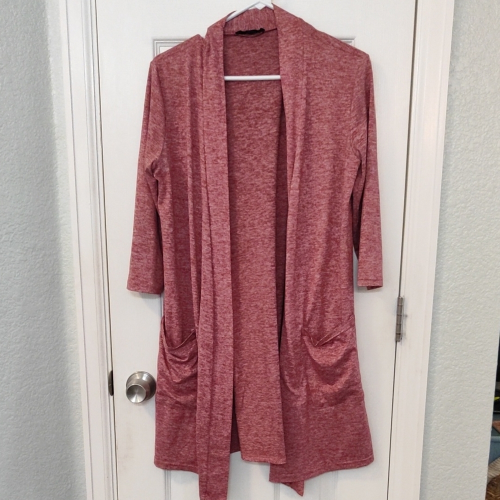 Pink Open Front Cardigan Sweater with 3/4 Sleeves